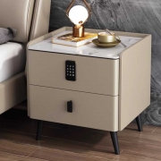 岩板实木带密码锁床头柜卧室现代简约意式极简皮质储物床边收纳柜