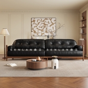 森兰家具美式中古风真皮头层牛皮小户型白蜡木客厅三人直排皮沙发