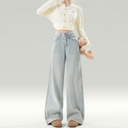 拉夏贝尔浅色阔腿牛仔裤女春秋2025年新款高腰小个子宽松直筒裤子