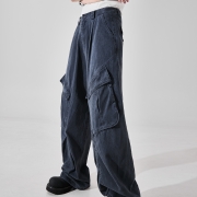 美式复古工装大口袋工装裤男水洗解构褶皱宽松直筒阔腿长裤